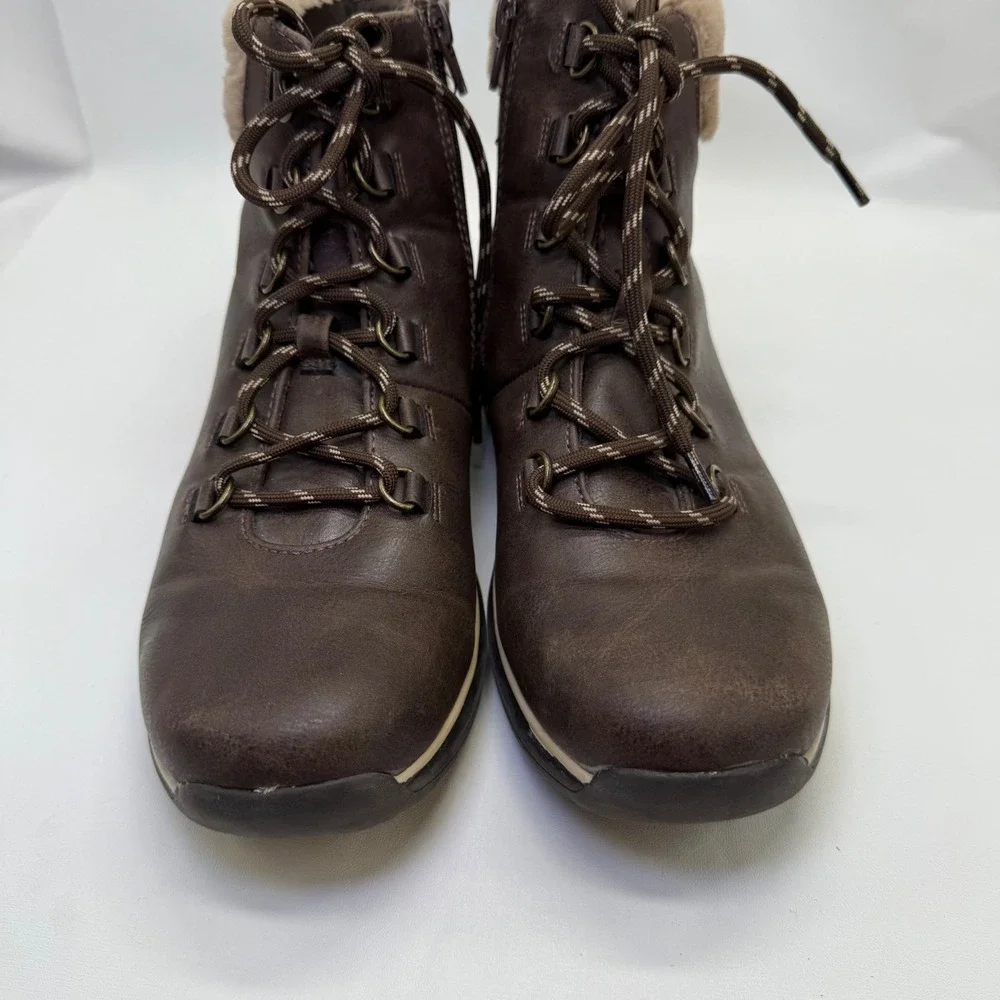 Baretraps Yanty Ankle Boots Faux Fur Collar Lace Up Comfort Brown‎ 8.5M Winter